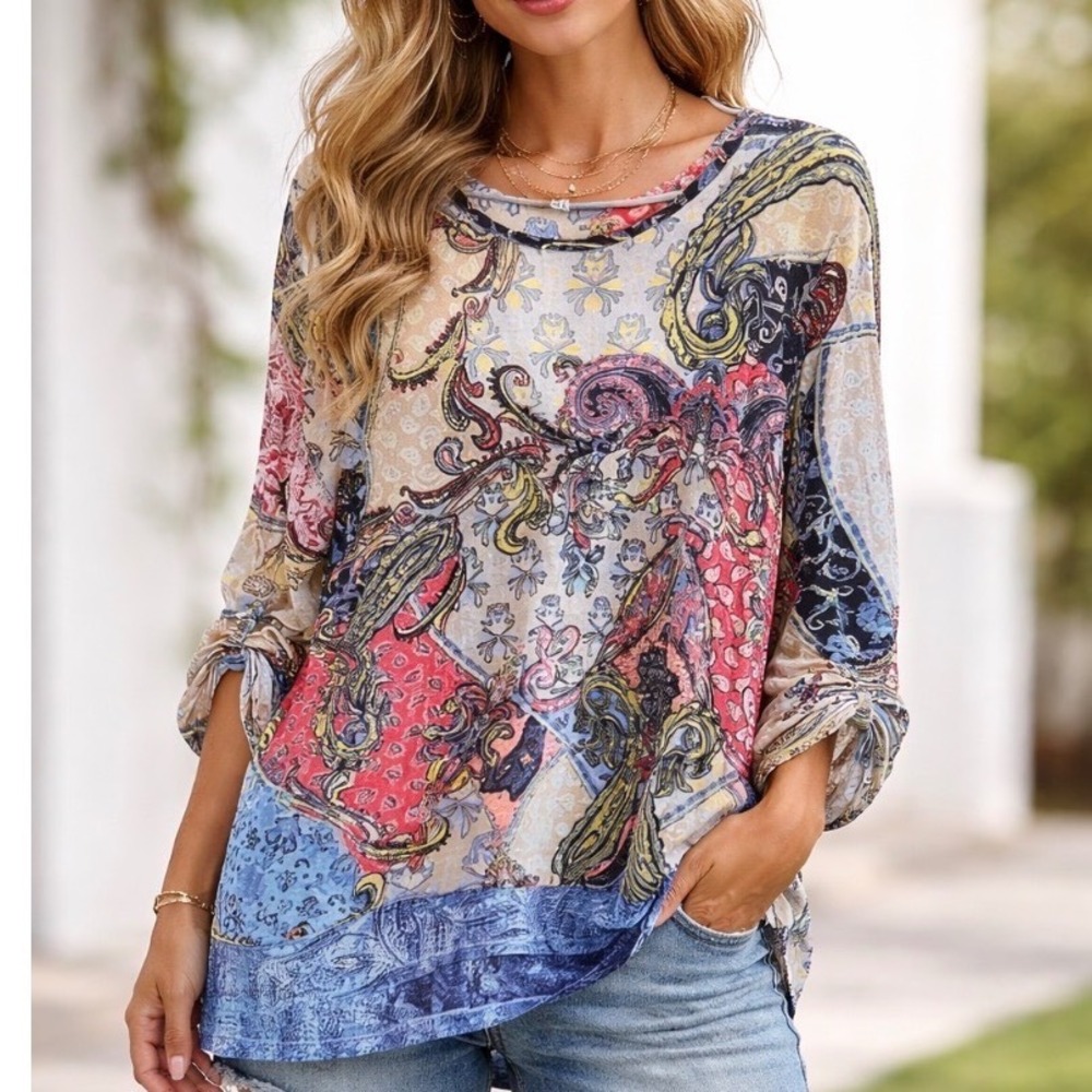 John Mark Women‎ Multicolor Paisley Lace Hem Roll Tab Sleeve Tunic Top Large